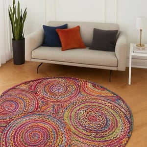 Elegancia artesanal: alfombras redondas de yute y algodón trenzadas a mano, acogedoras alfombras redondas de algodón trenzadas, alfombra de algodón para decoración de suelos