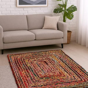 Indian Handmade Natural Jute Cotton Chindi Braided Rug Custom Size Living Room Rug Warm Vintage Rug Rectangle Jute Carpet Turkish Boho Rug