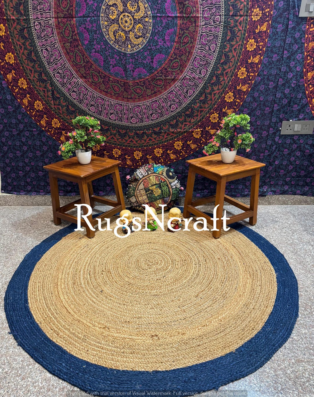 Boho Round Handmade Jute Round Rug: Beige & Blue Boho Decor - Etsy
