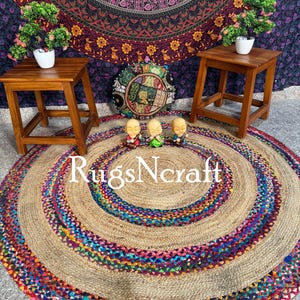Benutzerdefinierte Größe Hand geflochten Jute & Baumwolle Teppich, Runder Chindi Baumwollteppich, Mehrfarbiger Teppich