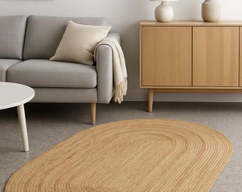 Handmade Braided Jute Area Rug: Oval Beige Indoor/Outdoor Carpet
