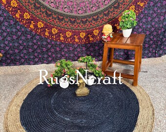 Handwoven Beige & Blue Jute Round Rug: Bohemian Farmhouse Style