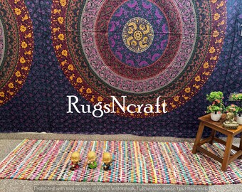 Hand Braided Bohemian Denim Chindi Rug: Multi Color Cotton Area Rug