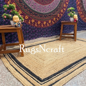 Tapis en jute fait main 6 x 4 | Tapis tressé rayé beige noir | Tapis de sol bohème naturel pour salon, chambre à coucher, tapis d&#39;entrée