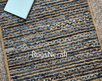 Handmade Jute Denim Braided Rug: Natural Fiber Rectangle Rug