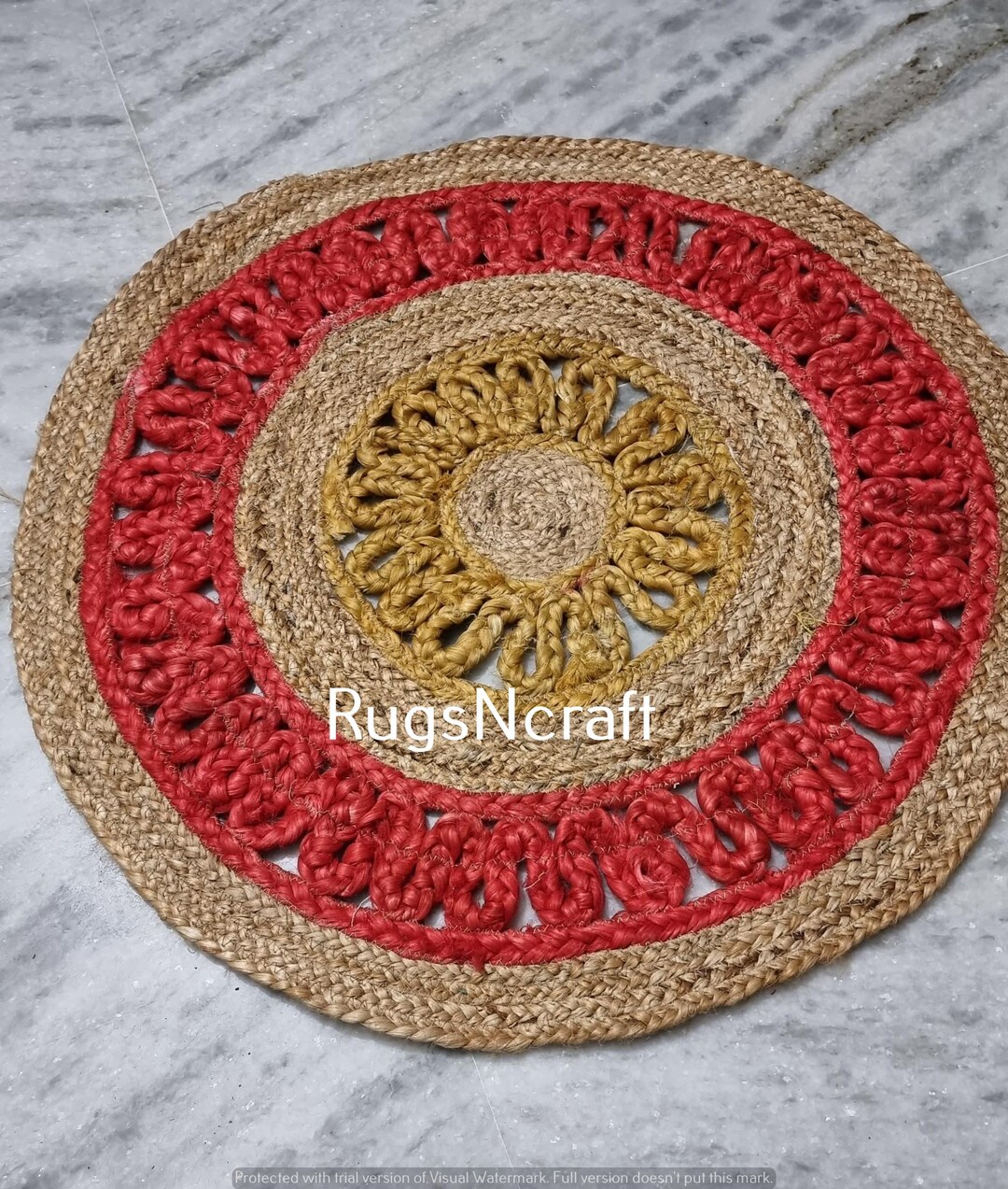 Round Jute Rug Red Handmade Round Jute Rug: Red, Yellow & Beige Braided Rug - Etsy