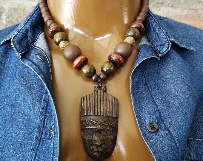 Mask Necklace Men's African Bead Necklace Men's African Pendant