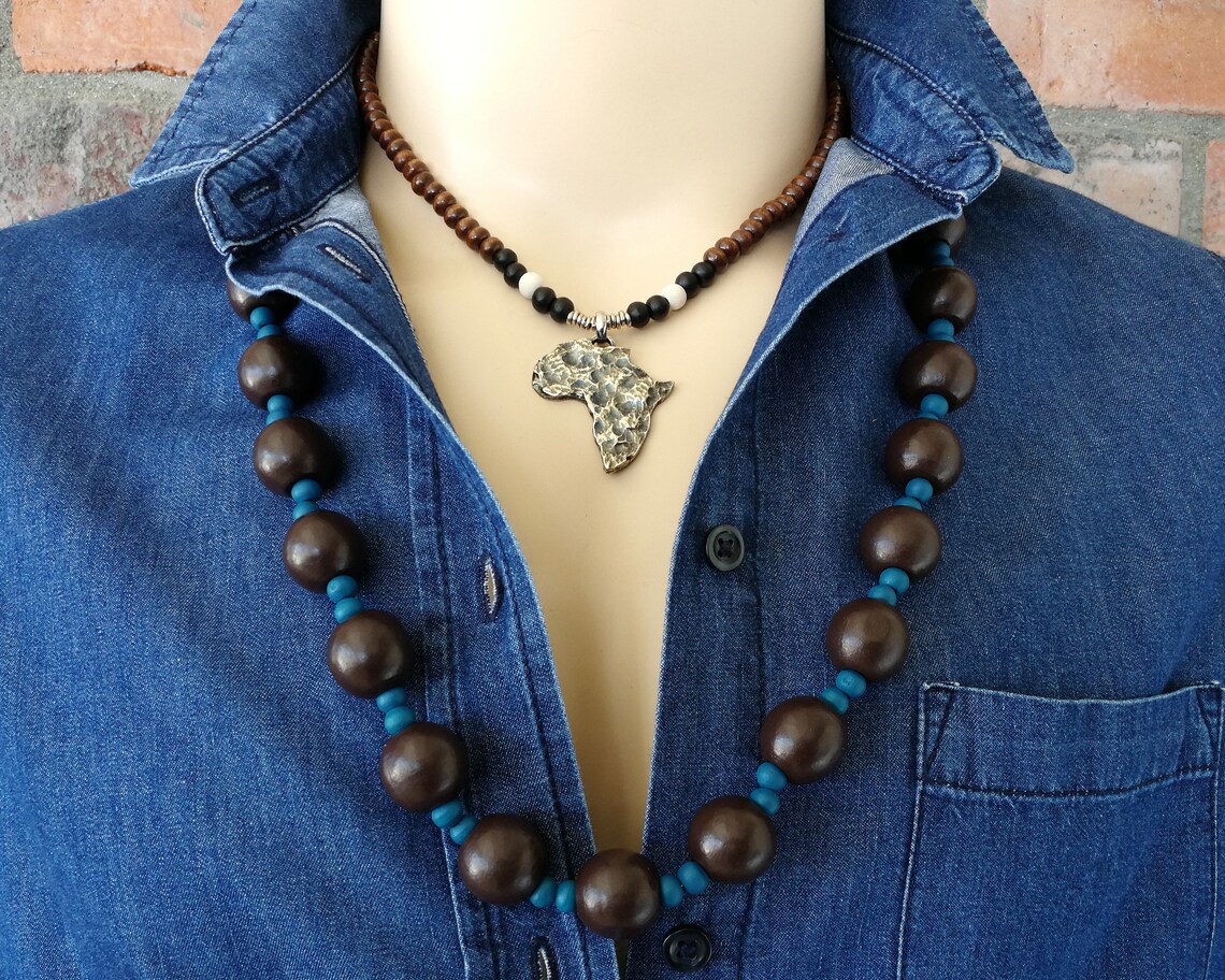 Chunky Wood Bead Necklace Mens Long Wood Necklace Mens Etsy