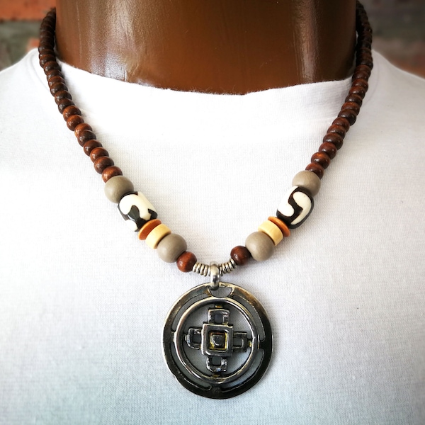 African Symbol Necklace - Men's African Pendant Necklace - African Bead Pendant Necklace - Men's African Necklace - Men's Tribal Necklace