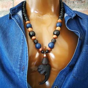 African Mens Necklace - Mens Wood Bead Necklace - Mens Chunky Wood Bead Necklace - Mens Beaded Necklace - Mens Elephant Pendant Necklace