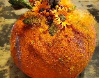 Wet Felted Ooak Pumpkin Handmade using Orange Fantasy Merino Wool, Silk,  with Natural Pumpkin Stem and Flower Arrangement and Leaves on top