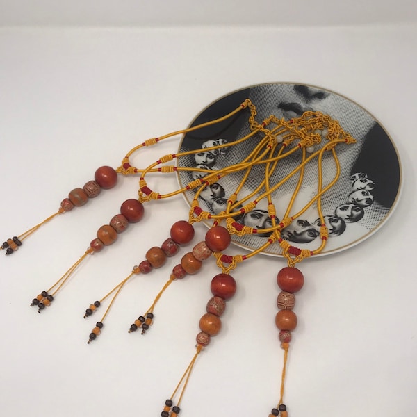 Shades Of Orange And Tangerine Wood Bead Statement Necklace With Adjustable Vintage Silk Knotted Cord .Gift For Her . Artsy Necklace