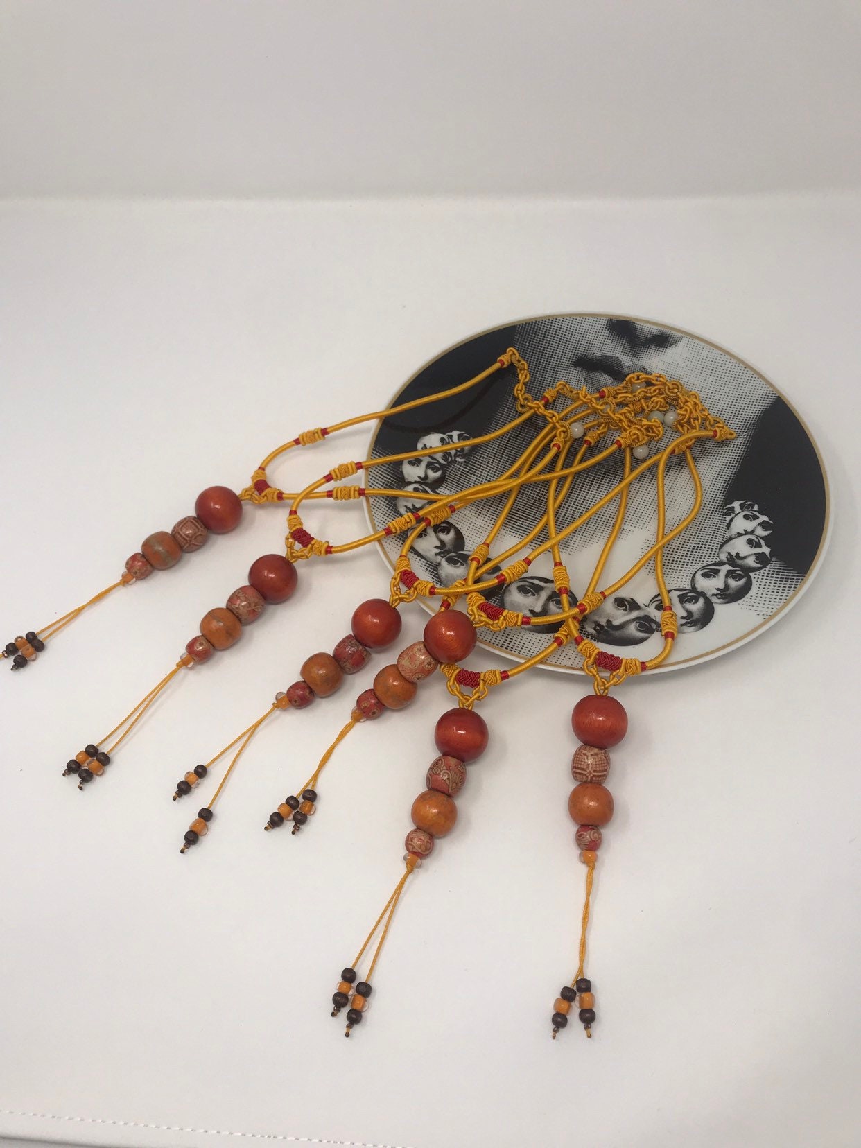 4 Strand Ceramic Beads Knotted Cord Necklace, Orange/Mustard