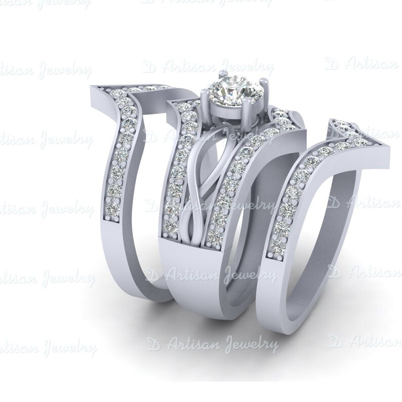 Diamond Eternity Band Bridal Wedding Sets Diamond Promise Rings Free Shipping 3Pc Unique Diamond Engagement Ring Matching Wedding Bands