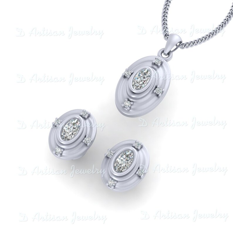 Pendant Earring Set Classic Oval Diamond Pendant Earrings Set Diamond Stud Earrings Sterling Silver White Gold Bridal Wedding Pendant Set