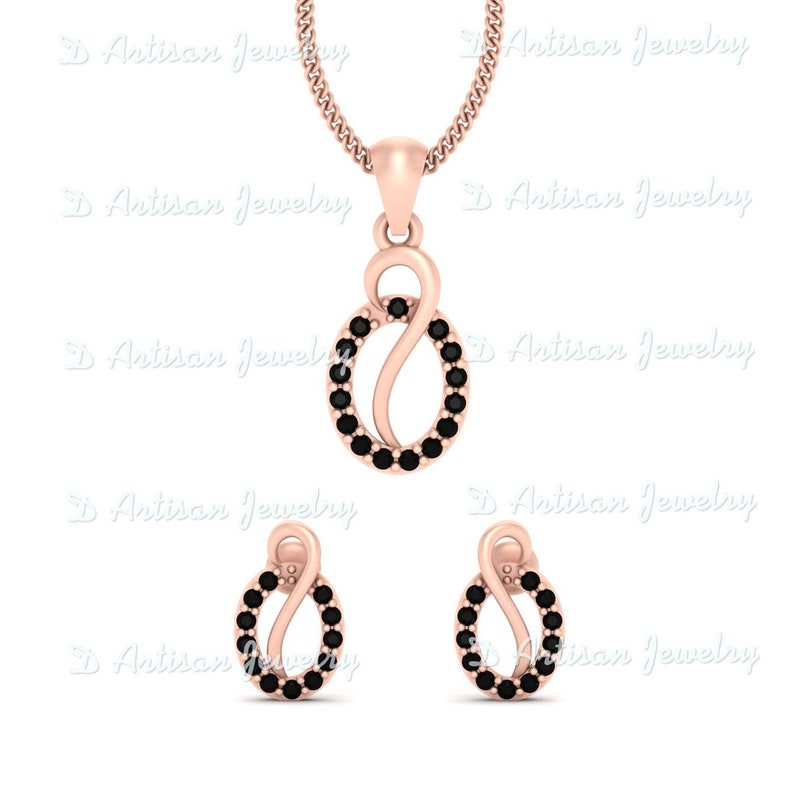 0.28ct Black Diamond Pendant Set Rose Gold Pendant Earrings Set Bridal Wedding Jewelry Push Back Stud Earrings Anniversary Gift For Her