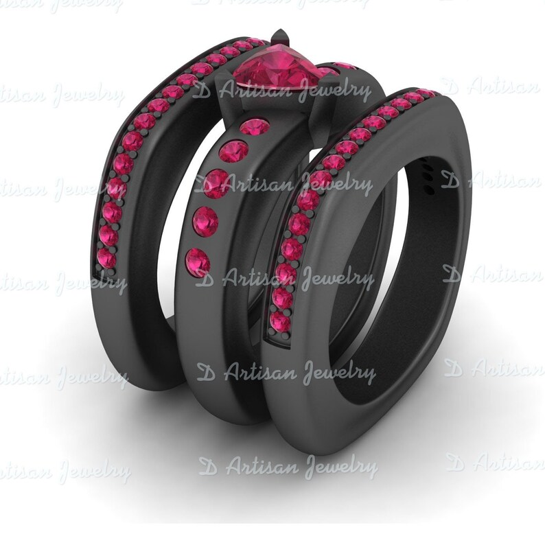 Trillion Cut Pink Ruby Engagement Ring Set 3Pc Matching Engagement Rings For Women Rounded Square Wedding Bands Squircle Eternity Bands