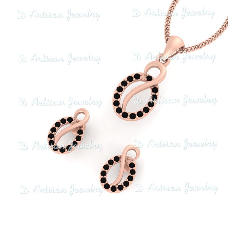 0.28ct Black Diamond Pendant Set Rose Gold Pendant Earrings Set Bridal Wedding Jewelry Push Back Stud Earrings Anniversary Gift For Her