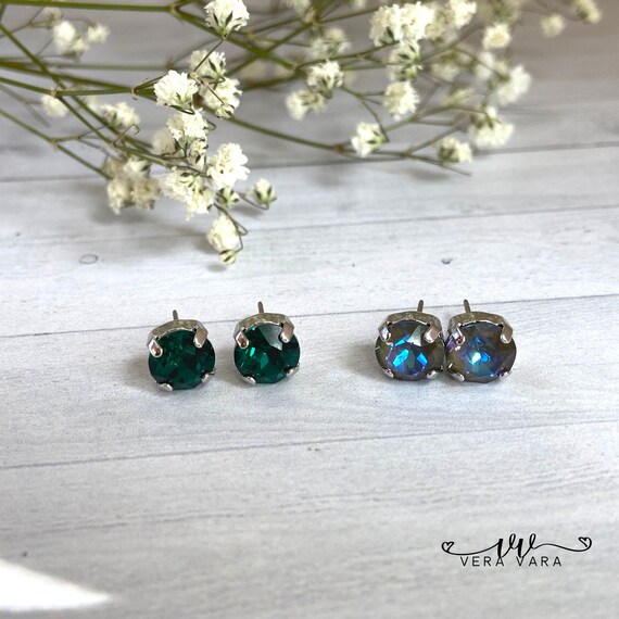 Genuine Crystal Studs Earrings emerald army Green crystal Earrings