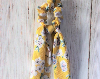 Mustard Scarf Scrunchie with White and Blue Flowers, Scarf Scrunchies, Scrunchies, Yellow Scrunchie Scarf, Hair Accessories, Scarf Scrunchy