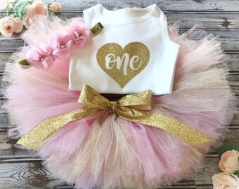 First Birthday Outfit 1/st Birthday Tutu Set One Pink and Gold Tutu Set