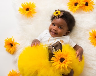 Sunflower Tutu, Sunflower Tutu Dress, Halfway to One Bodysuit, PhotoProps, Birthday Tutus, Yellow Tutu, Newborn Tutu, Half Birthday Bodysuit