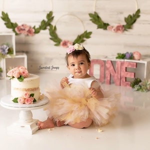 Pink Tutu/Birthday Outfit- 1/st Birthday Tutu Set- One- Pink Ivory and Gold Tutu Set