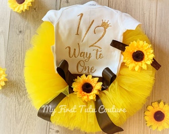 Sunflower Tutu, Sunflower Tutu Dress, Halfway to One Bodysuit, PhotoProps, Birthday Tutus, Yellow Tutu, Newborn Tutu, Half Birthday Bodysuit