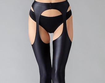 Bas brillants en nylon de soie avec une ceinture, collants avec un accès ouvert, collants noirs - cuisses ouvertes, cadeau pour femme, tenue de strip-teaseuse