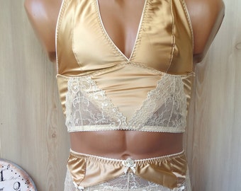 Gold silk sissy lingerie or men, sissy dress, satin lingerie, garter belt crossdresser outfit