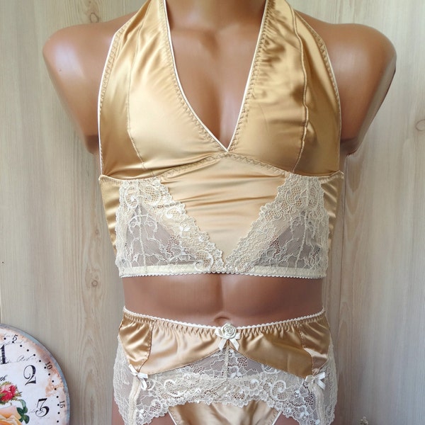 Gold Seide Sissy Dessous oder Männer, Sissy Kleid, Satin Dessous, Strumpfband Crossdresser Outfit