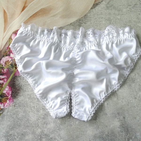 Bridal crotchless silk white panties for wedding night, satin sexy lingerie - best handmade gift for girlfriend