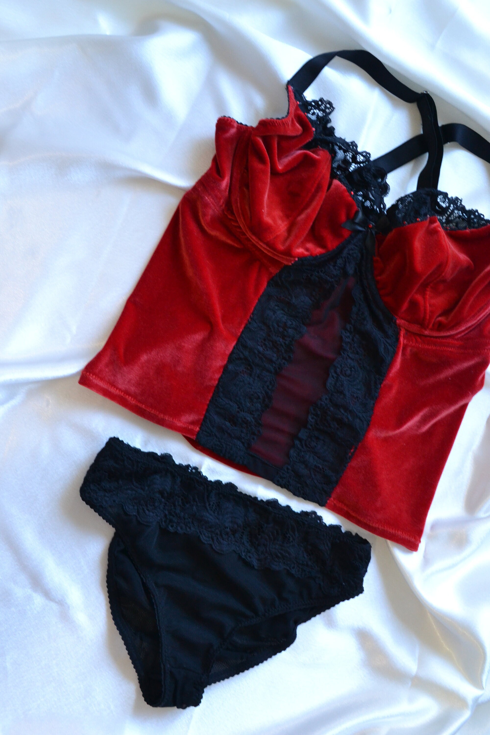 Red Velvet Camisole and Mesh Lace Sheer Briefs Velvet - Etsy Israel
