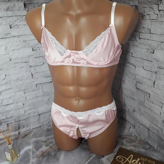 Male Silk Bra and Crotchless Panties Set, Satin Sissy Lingerie for