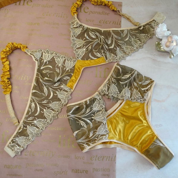 Silk boudoir shoot lace lingerie set - lace bra and panties set, gold bralette and high waist bikini