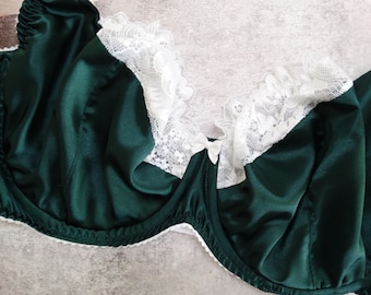 Underwire silk satin lace bra emerald white, silk plus size curvy lingerie, best handmade gift for wife or girlfriend