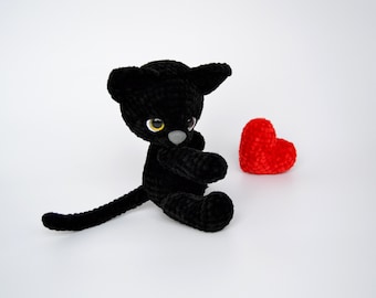 Handgemachte schwarze Katze Plüsch | Amigurumi hypoallergenes Spielzeug Geschenk