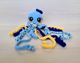 Handgemachtes Häkeln Qualle Plüschtier - Blau-Gelbes Amigurumi, weiches Baby Geschenk, Kinderzimmer Dekor