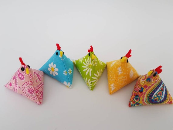 9cm x 9cm. A Hen and her chicks Handmade pin cushion