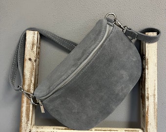 Sling bag hip bag belly bag cross bag suede with leather straps crossbody gray