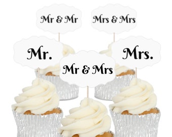 Mr & Mrs Wedding Cupcake Toppers Tops Picks Pics - 12/pk