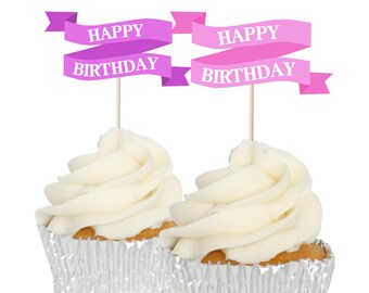 Happy Birthday Pink Banner Cupcake Toppers, Picks, Pics 12pk