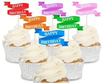 Happy Birthday Banner Cupcake Toppers, Picks, Pics 12pk