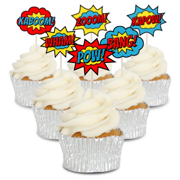 Superhero Comic Signs Cupcake Toppers Tops Picks Pics - 12pk