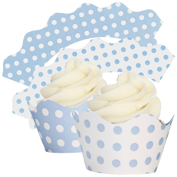 Baby Blue and White Polka Dot Cupcake Wrappers Wraps Collars - 12/Pk