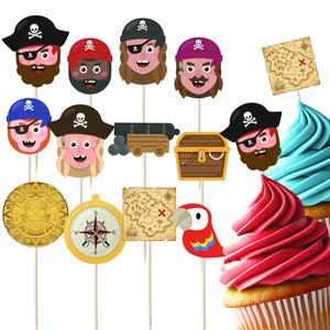 12 Motley Crew Pirate Cupcake Toppers: Jolly Roger, Parrot, Cannon, Compass, Gold, Treasure Chest & Map for Children's/Kids Themed Parties