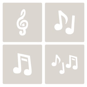 May include: Four white musical note icons on a grey background. The top left icon is a treble clef. The top right icon shows two musical notes. The bottom left icon shows two musical notes. The bottom right icon shows three musical notes.