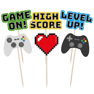 12 Fun Console Gaming Cupcake Toppers - 'High Score,' 'Game On,' and 'Level Up,' hand controllers & Red Heart for Gamer's Party Celebrations