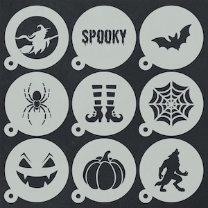 May include: A set of nine circular light grey stencils featuring black Halloween-themed cutouts including a witch on a broom, the word SPOOKY, a bat, a spider, striped stockings with boots, a spiderweb, a jack-o'-lantern face, a pumpkin, and a werewolf.
