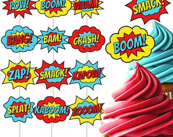 Superhero Comic Sign Cupcake & Cake Toppers - Pack of 12